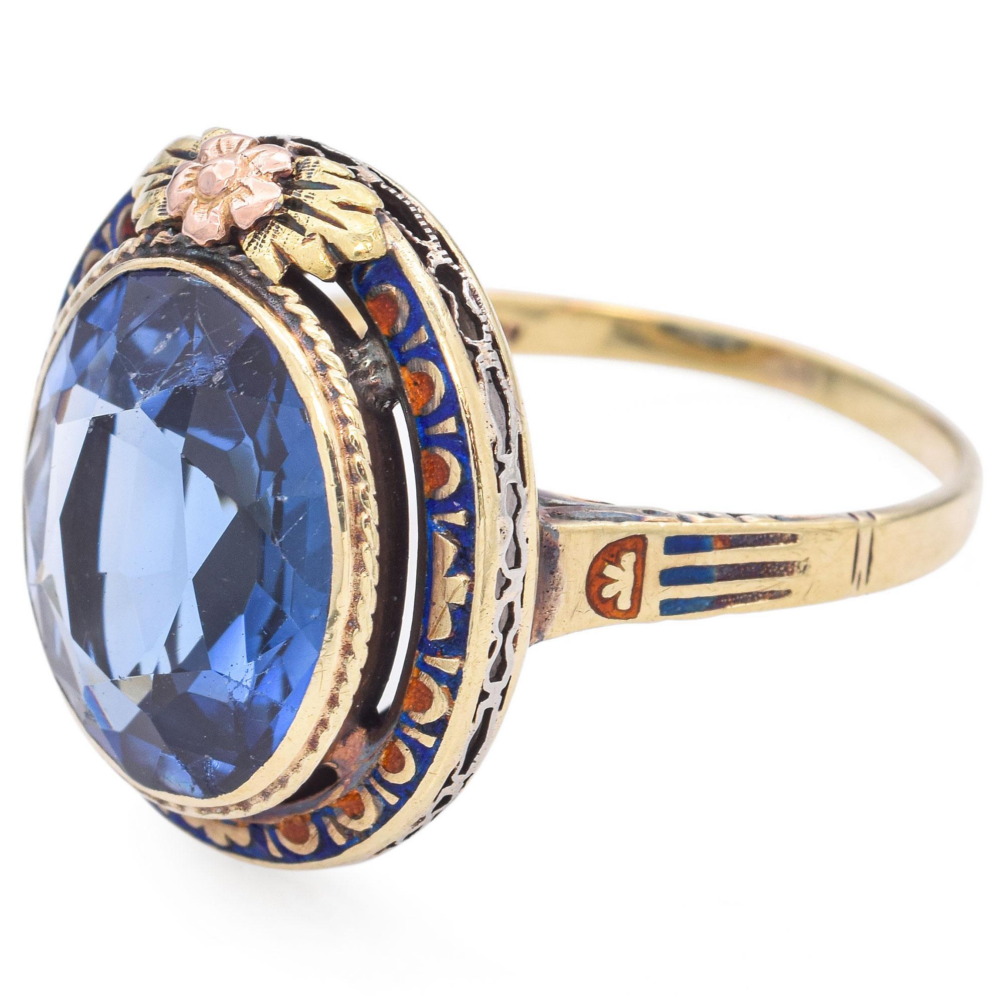 Women's Vintage 14k Yellow Gold 7.9ct Lab Sapphire and Enamel Statement Ring
