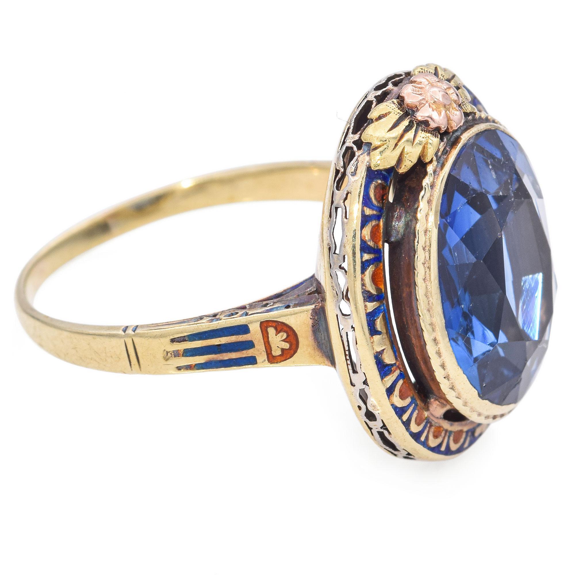Vintage 14k Yellow Gold 7.9ct Lab Sapphire and Enamel Statement Ring 1