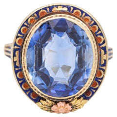 Vintage 14k Yellow Gold 7.9ct Lab Sapphire and Enamel Statement Ring