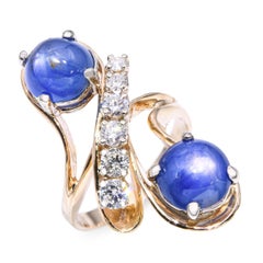 Vintage 14k Yellow Gold 8.2tcw Star Sapphire and Diamond Bypass Ring