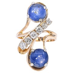 Vintage 14k Yellow Gold 8.2tcw Star Sapphire and Diamond Bypass Ring