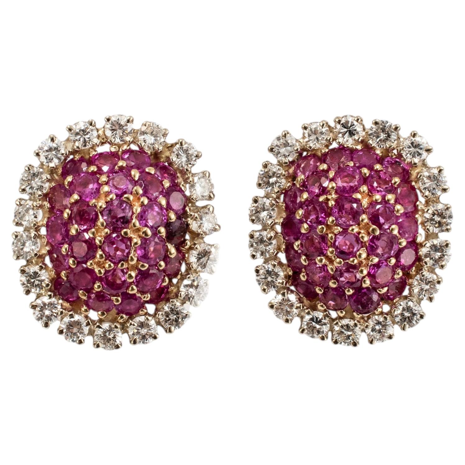 Vintage 14K Yellow Gold 8.82ctw Sapphire & Diamond Halo Drop Bombe Stud Earrings For Sale