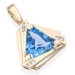 Vintage 14k Yellow Gold 8.95ct Blue Topaz and Diamond Geometric Pendant