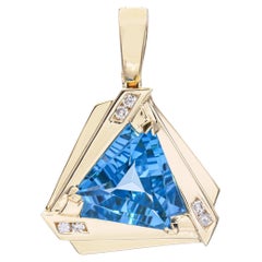 Vintage 14k Yellow Gold 8.95ct Blue Topaz and Diamond Geometric Pendant