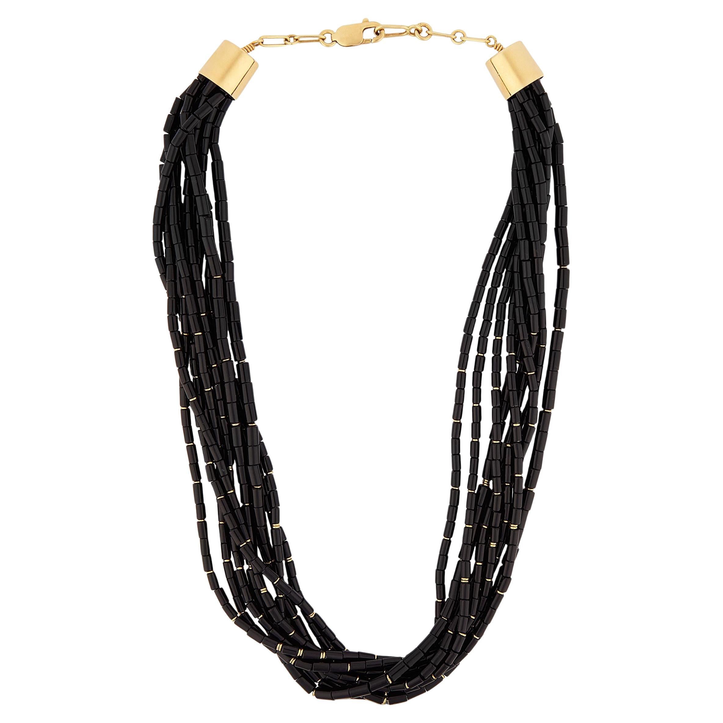 Collar vintage de oro amarillo de 14k de 9 vueltas con cuentas de ónix