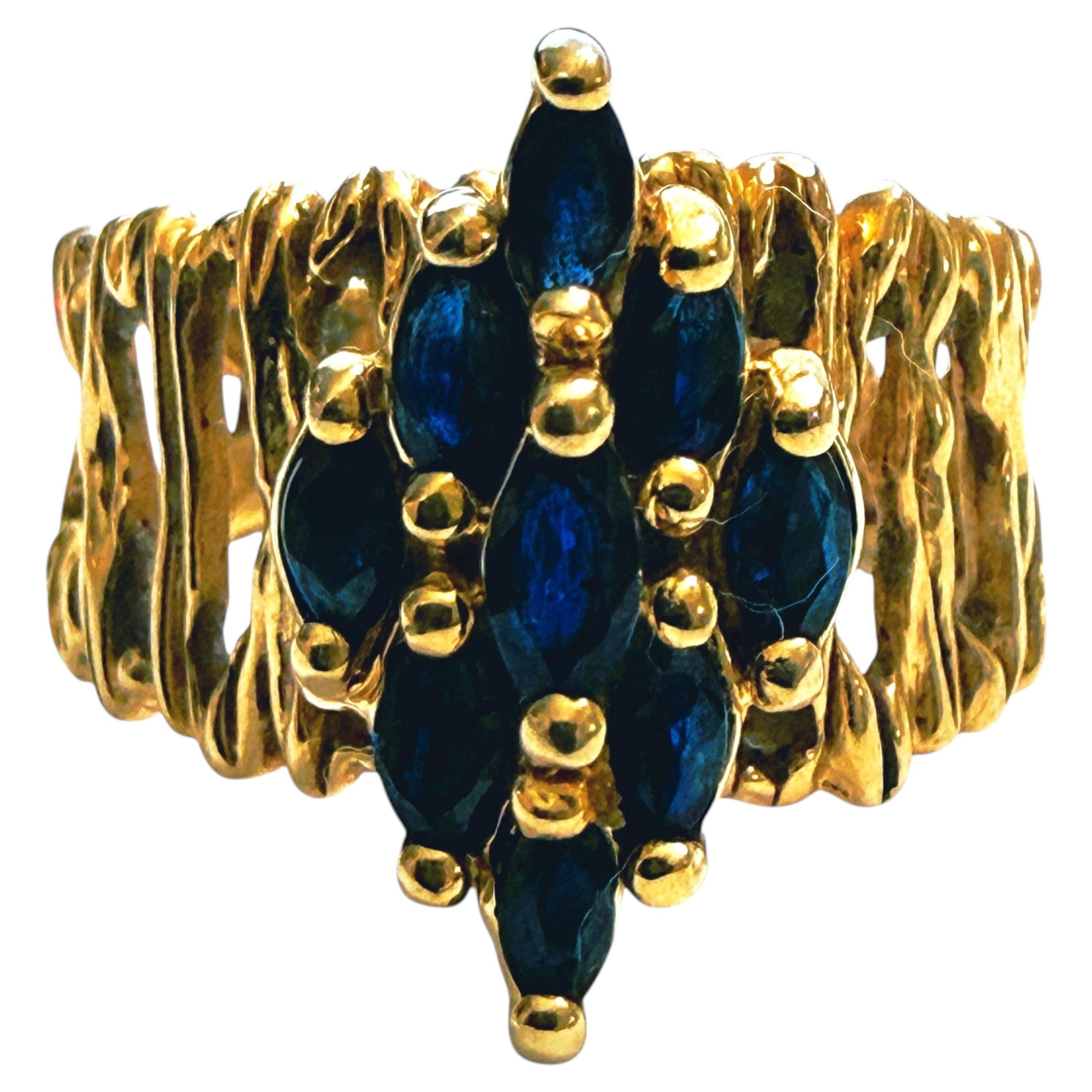 Vintage 14k Yellow Gold .90 Carat Sapphire Brutalist Modernist Ring