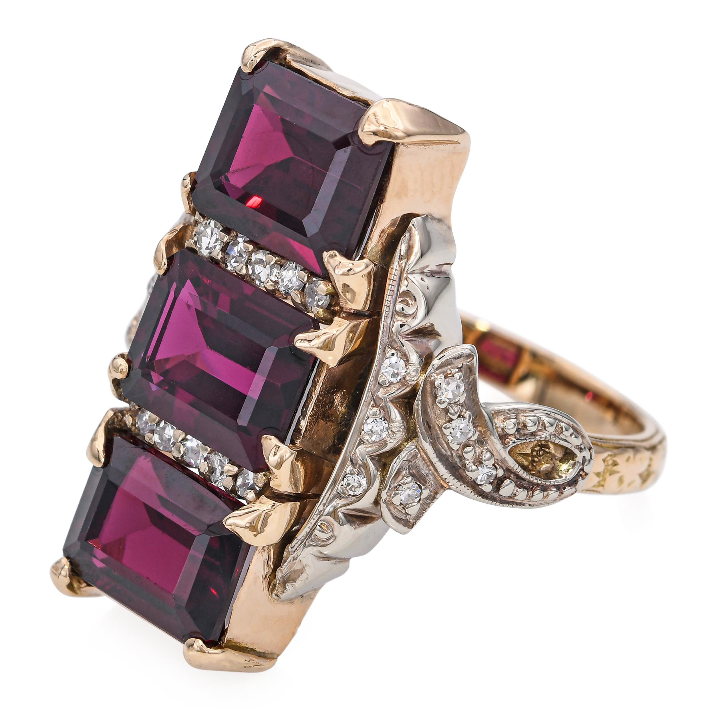 Anello vintage in oro giallo 14k con granato di rodolite e diamanti da 9,0tcw In condizioni buone in vendita a New York, NY