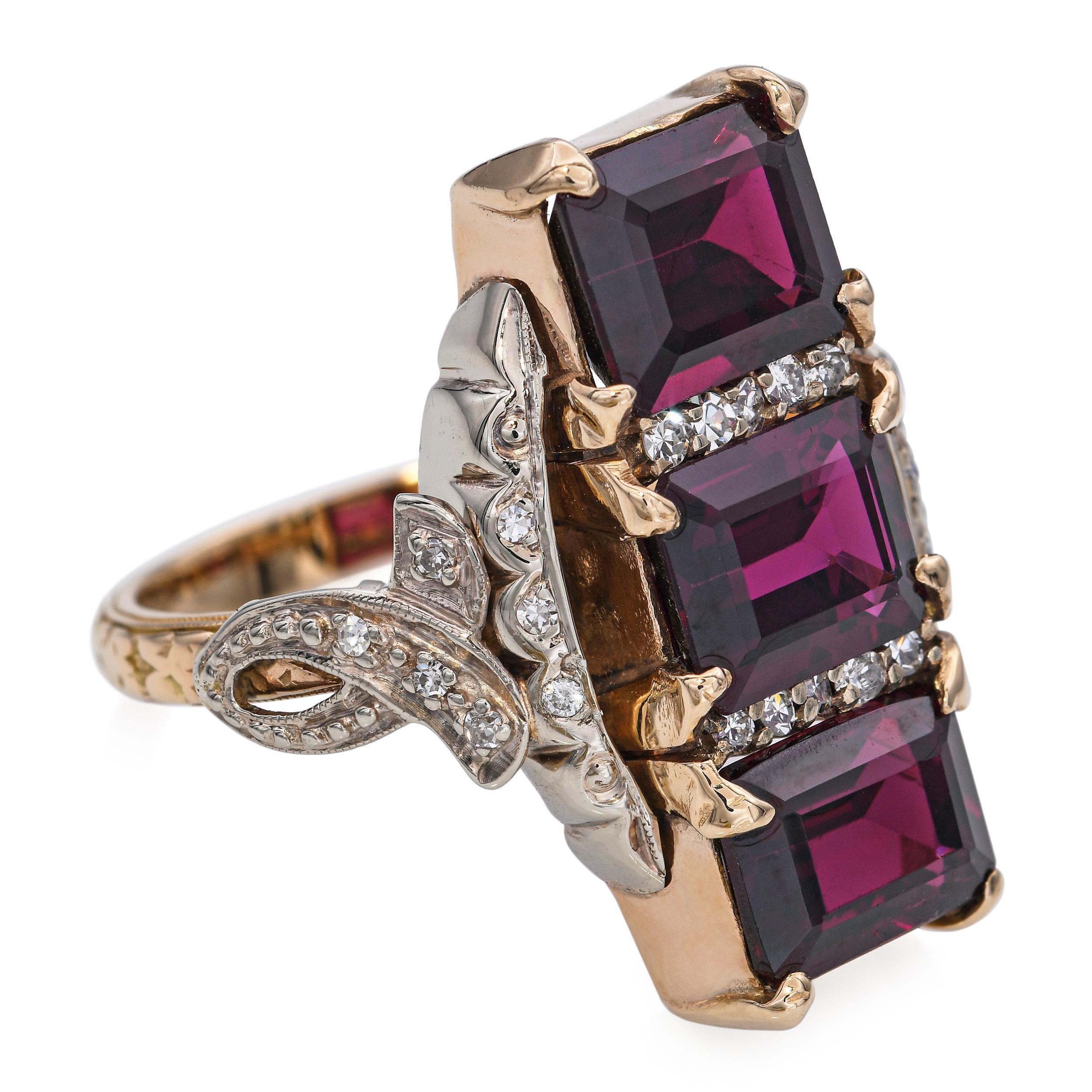 Anello vintage in oro giallo 14k con granato di rodolite e diamanti da 9,0tcw in vendita 1