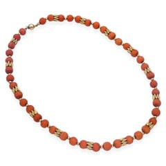Vintage 14k Yellow Gold 9.5mm Red Coral Beaded Strand Necklace