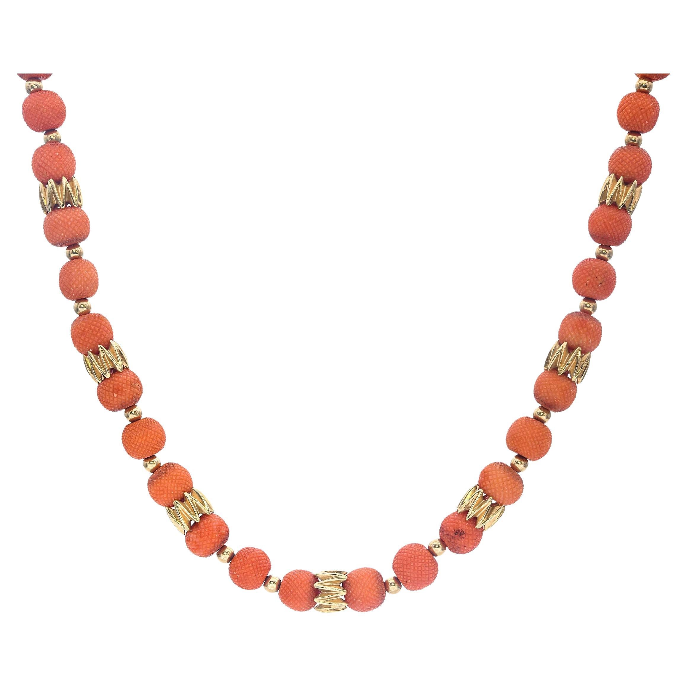 Collana con fili di perline di corallo rosso vintage in oro giallo 14k da 9,5 mm