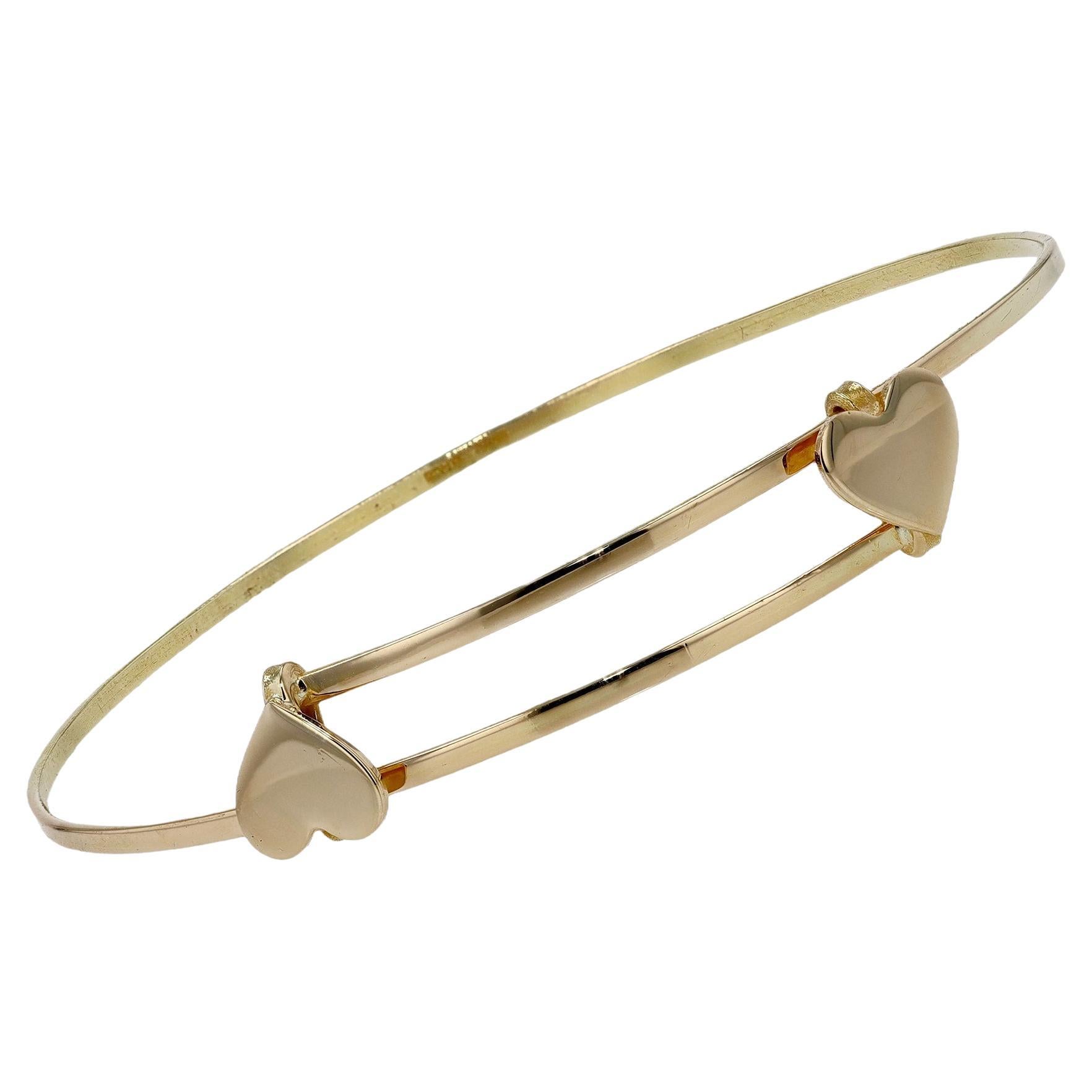 Vintage 14k Yellow Gold Adjustable Twin Heart Bangle Bracelet For Sale