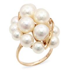 Vintage 14K Yellow Gold Akoya Pearl Cluster Cocktail Ring