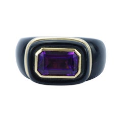 Vintage 14K Yellow Gold Amethyst & Black Onyx Horizontal Ring