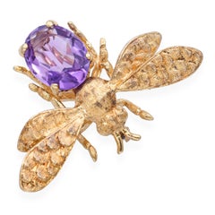 Vintage 14k Yellow Gold Amethyst Bumblebee Brooch