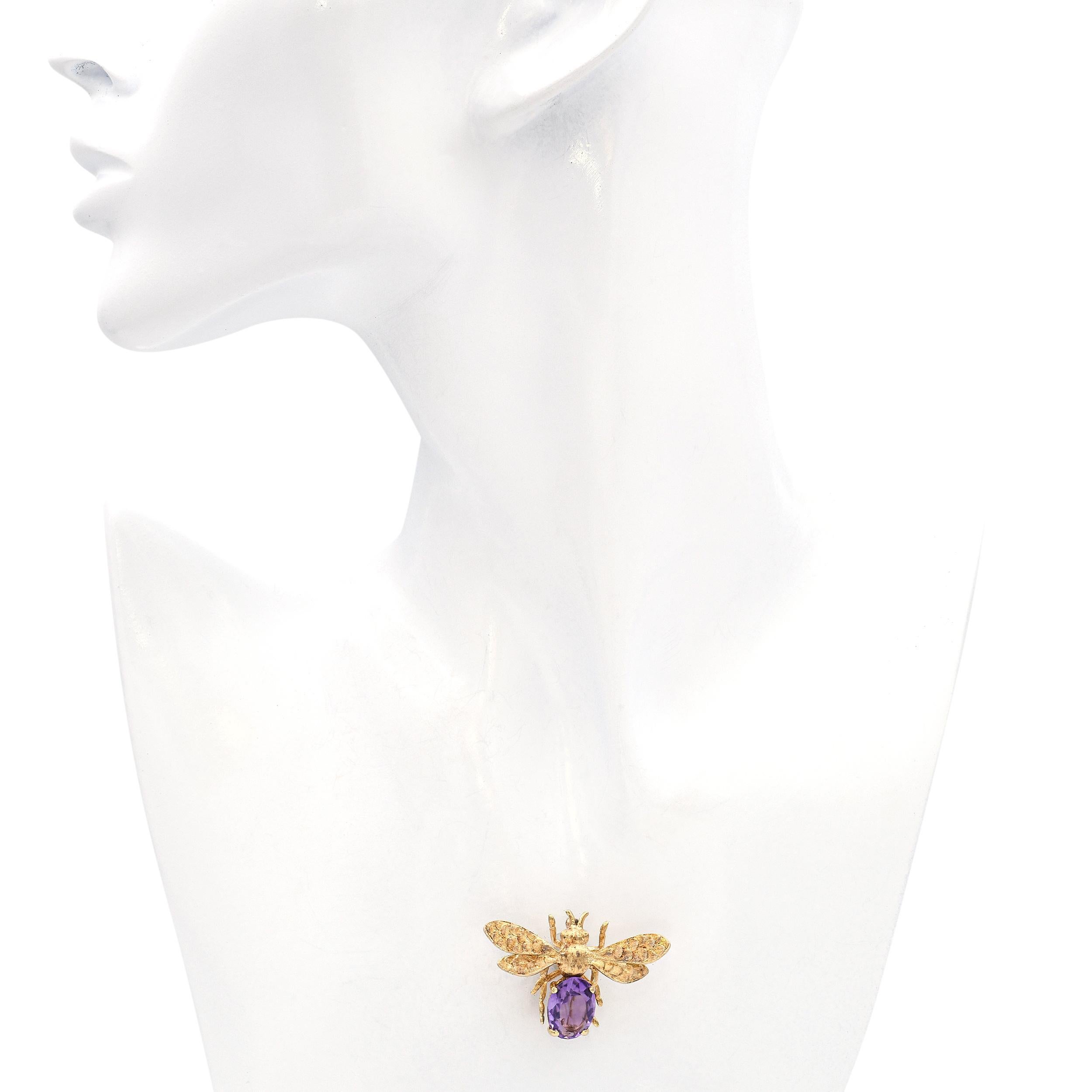Oval Cut Vintage 14k Yellow Gold Amethyst Bumblebee Brooch For Sale