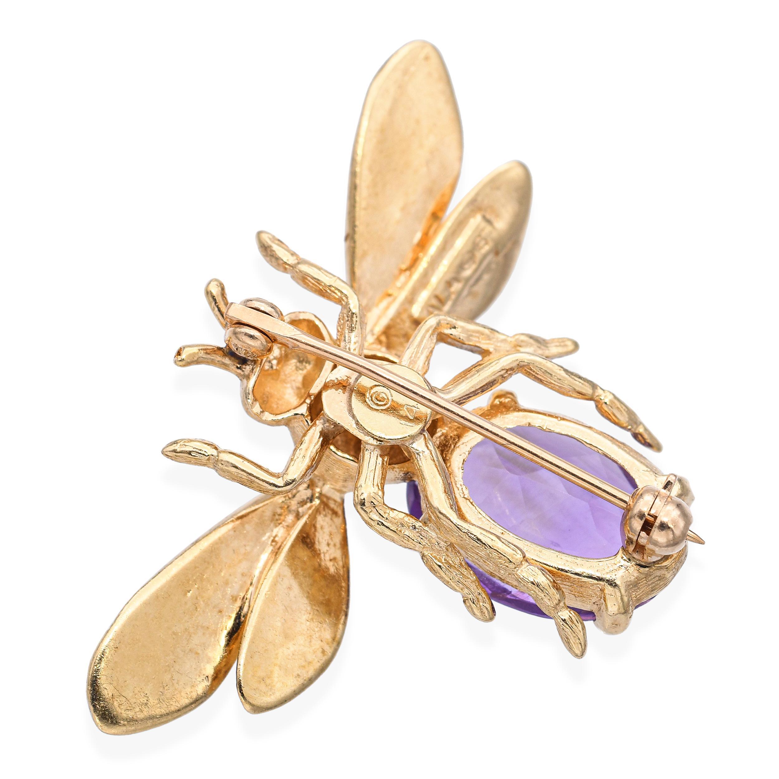Vintage 14k Yellow Gold Amethyst Bumblebee Brooch In Good Condition For Sale In New York, NY