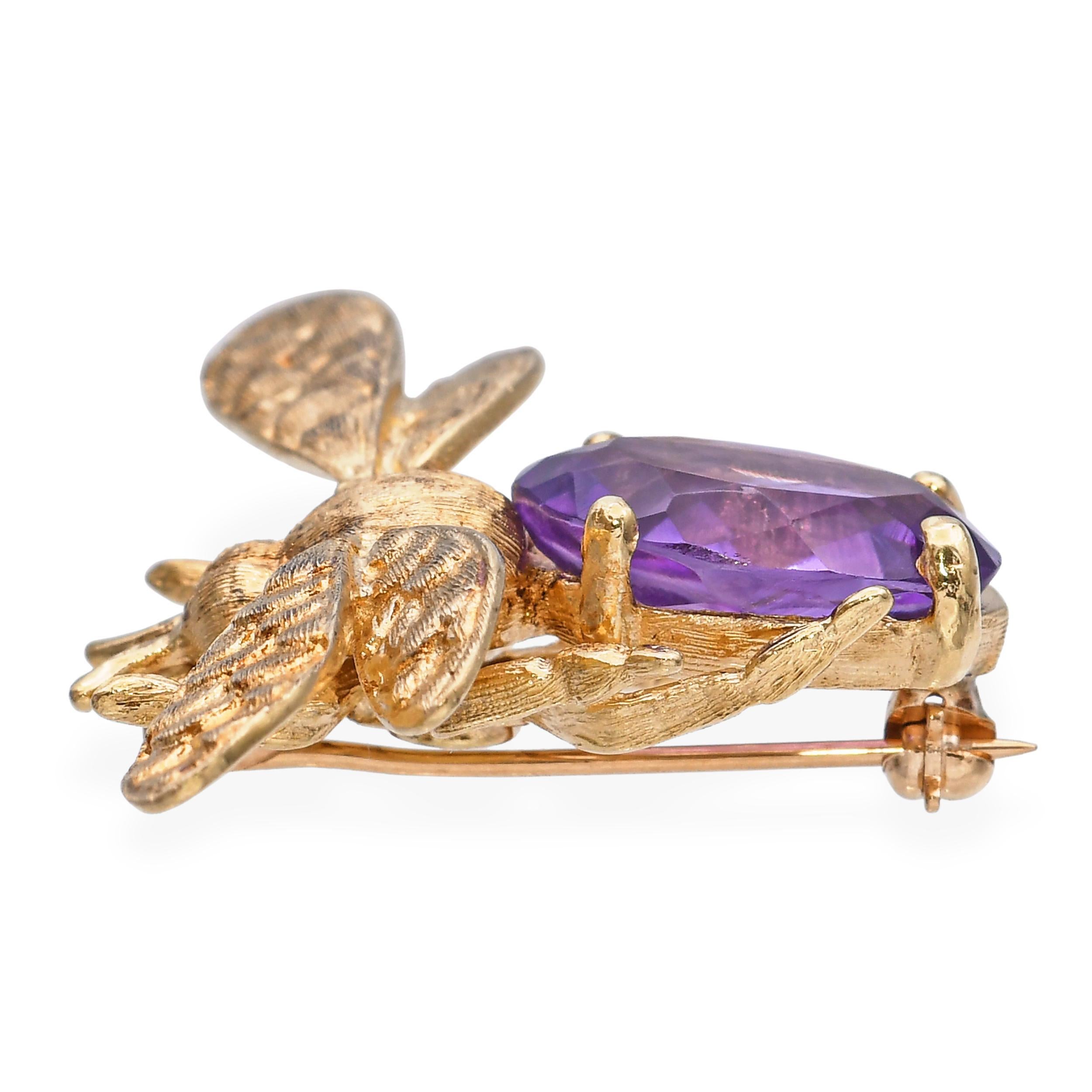 Vintage 14k Yellow Gold Amethyst Bumblebee Brooch For Sale 1