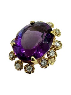Vintage 14K Yellow Gold Amethyst Diamond Cluster Ring