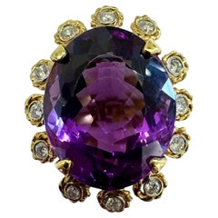 Vintage 14K Yellow Gold Amethyst Diamond Cluster Ring