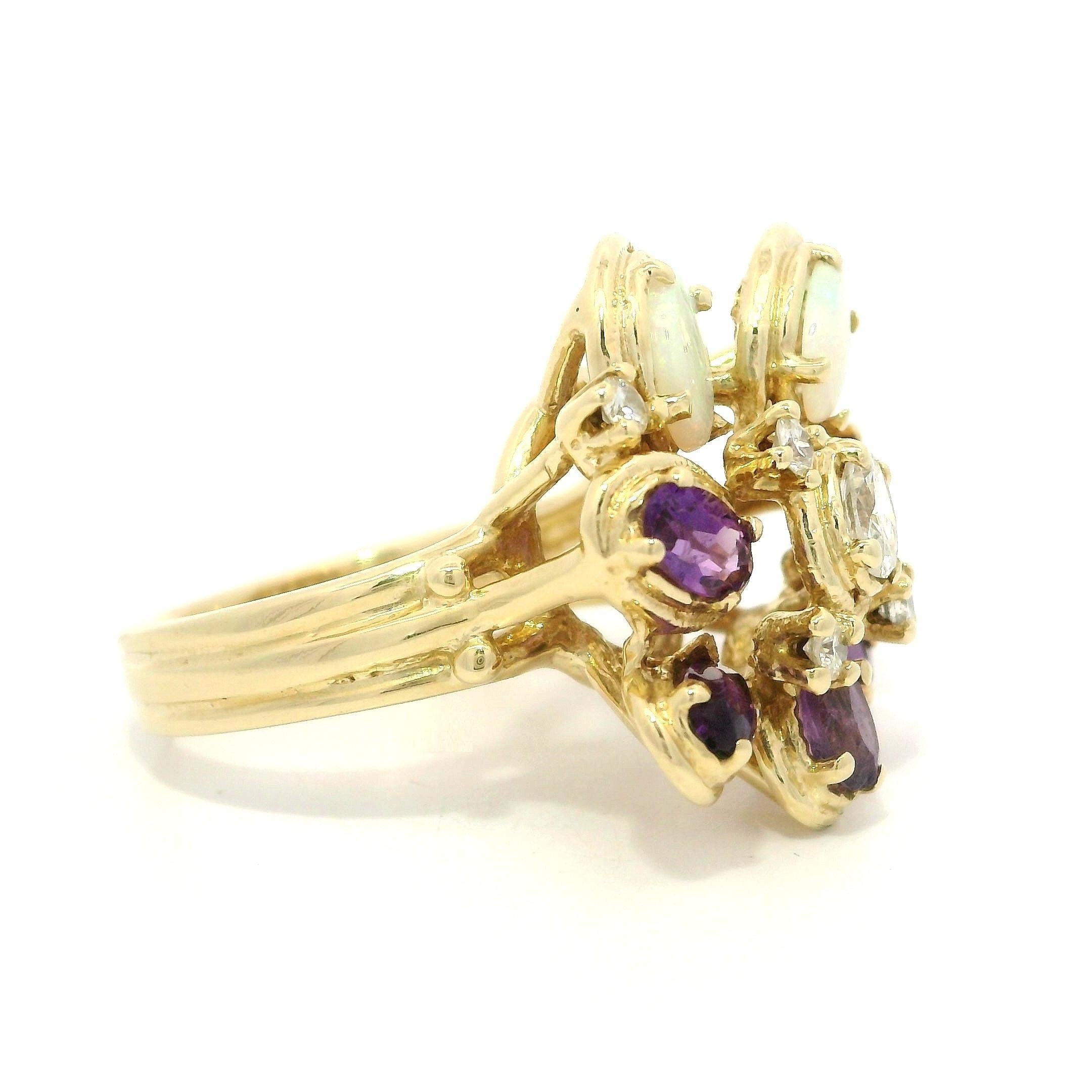 Vintage 14k Gelbgold Amethyst Opal Diamant Blume Cluster Cocktail Ring im Angebot 6