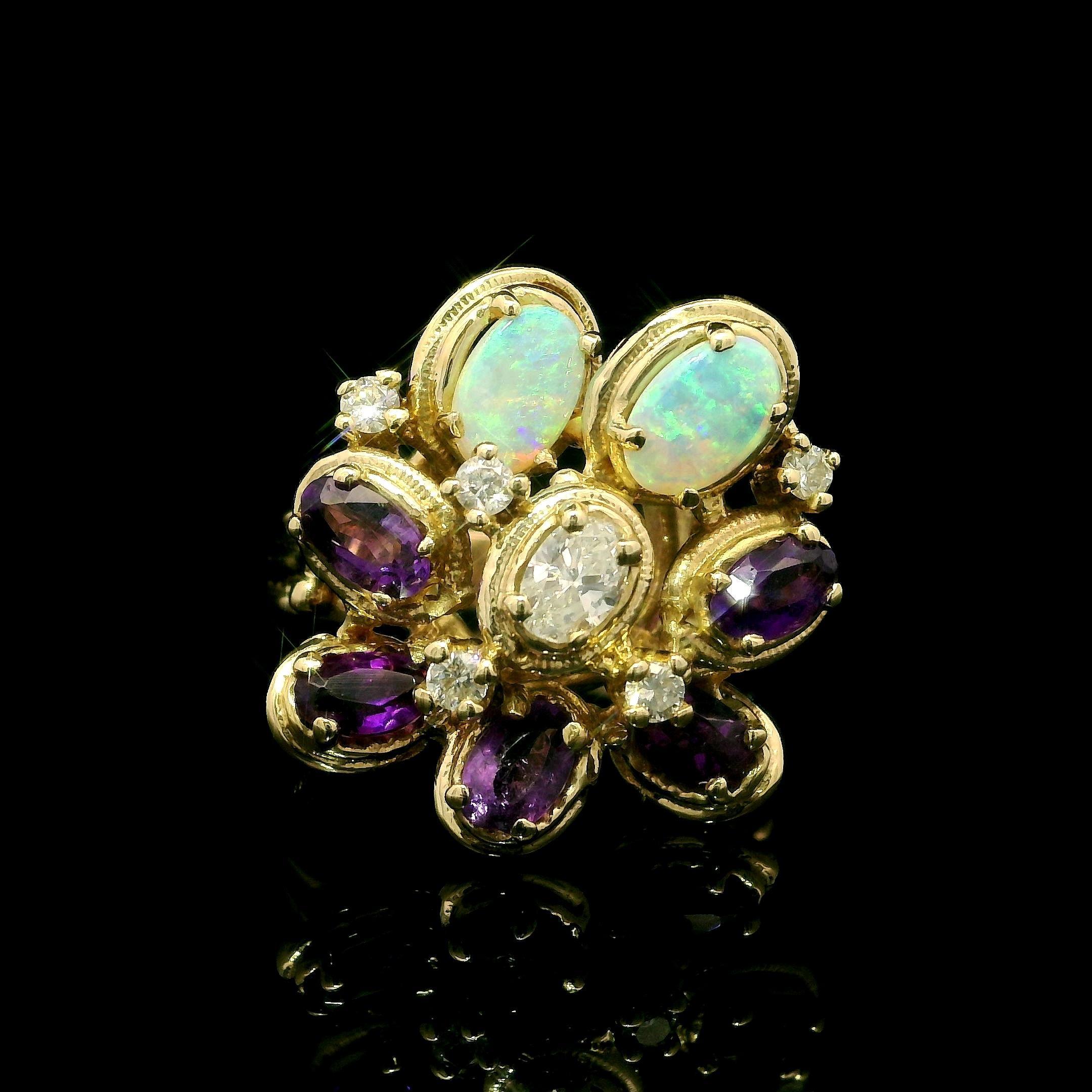 Vintage 14k Gelbgold Amethyst Opal Diamant Blume Cluster Cocktail Ring im Angebot 9