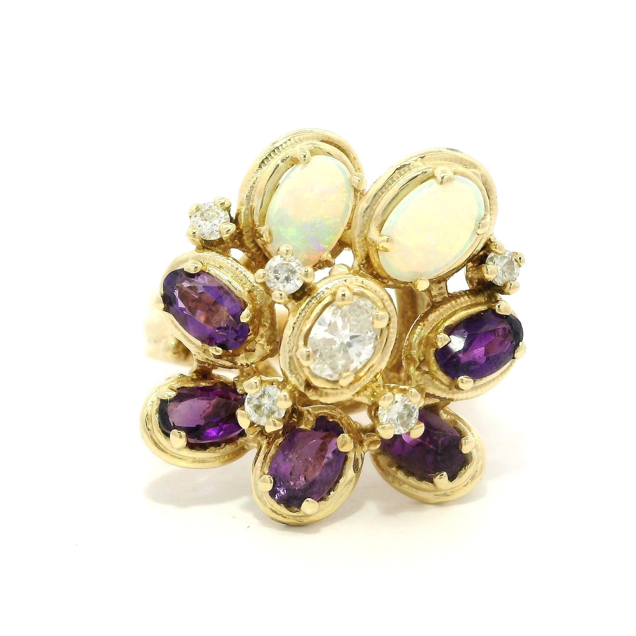 Vintage 14k Yellow Gold Amethyst Opal Diamond Flower Cluster Cocktail Ring
