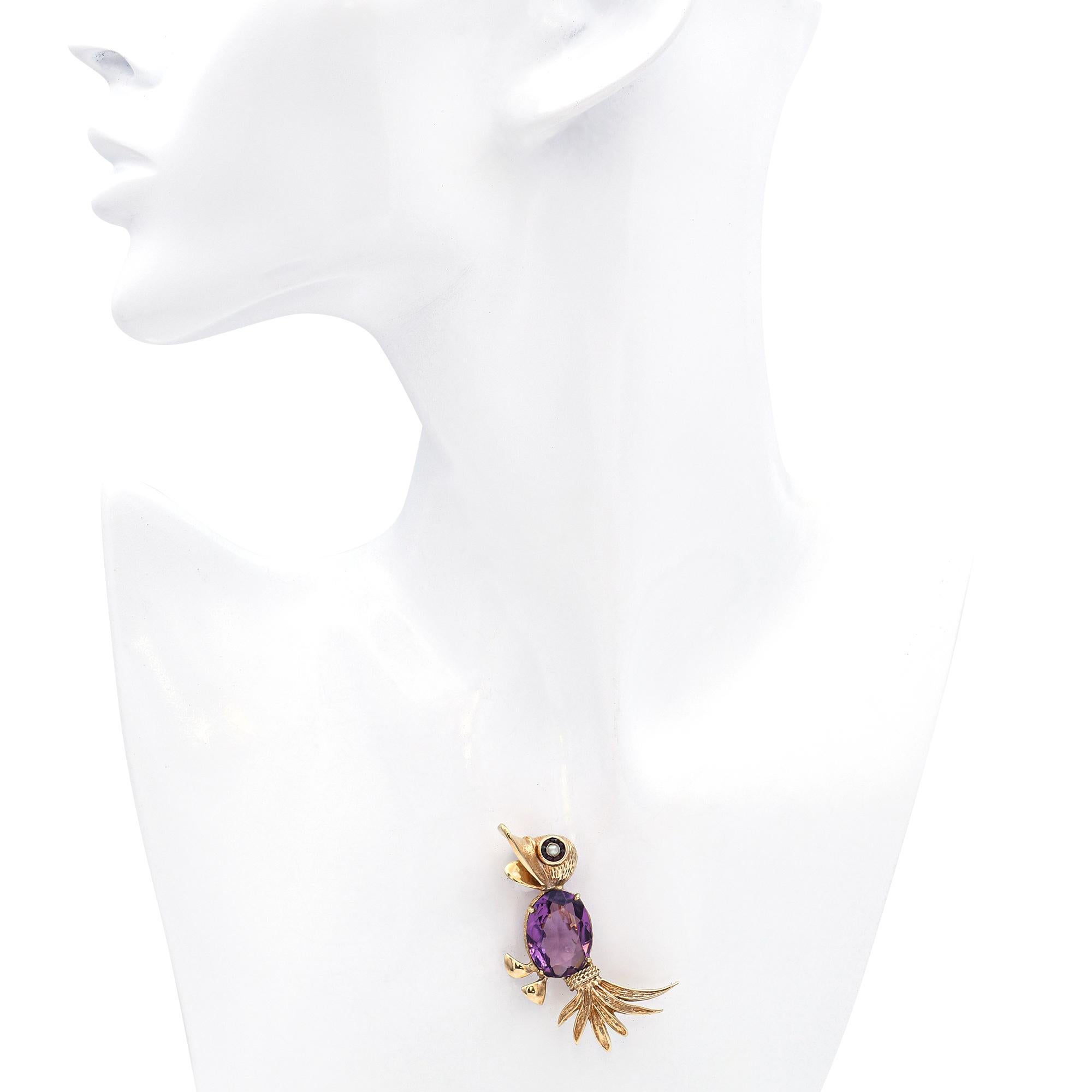 Oval Cut Vintage 14k Yellow Gold Amethyst Pearl and Garnet Bird Brooch Pin For Sale