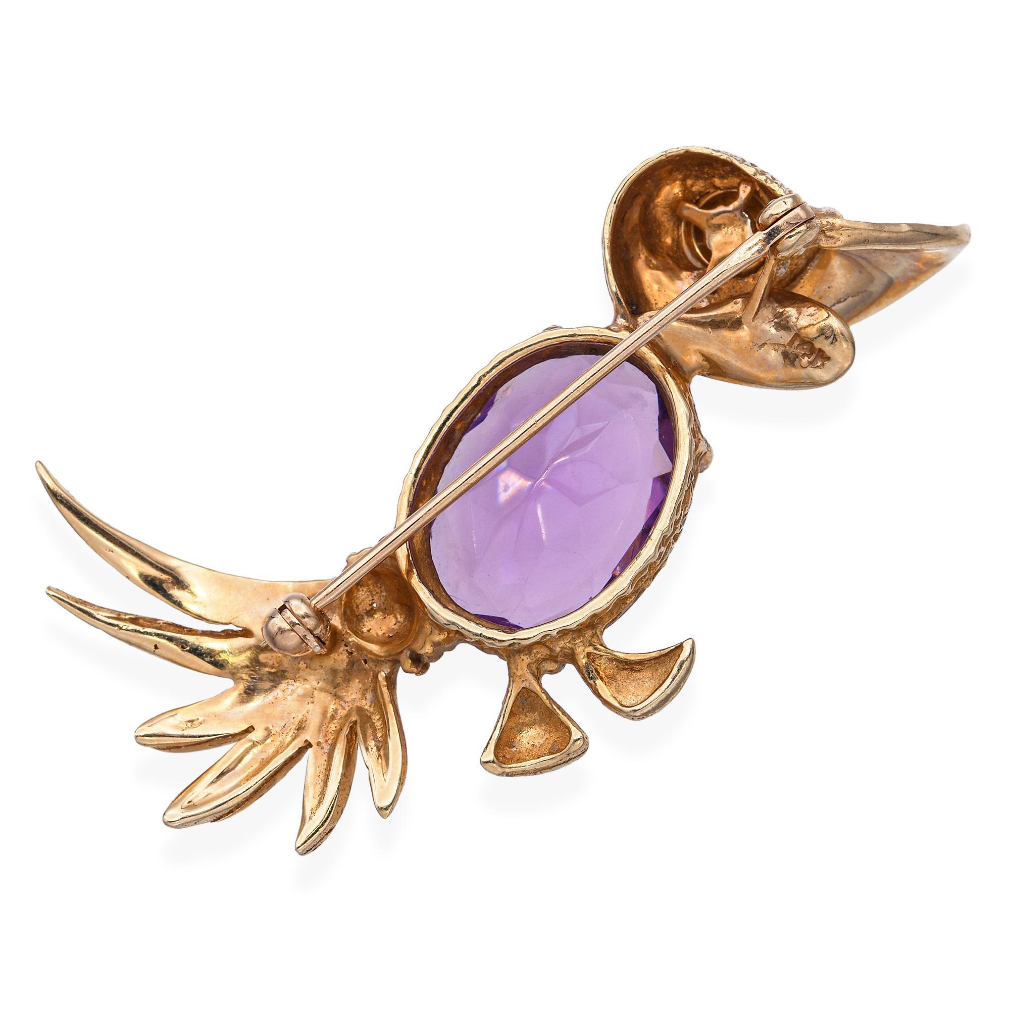 Vintage 14k Yellow Gold Amethyst Pearl and Garnet Bird Brooch Pin In Good Condition For Sale In New York, NY