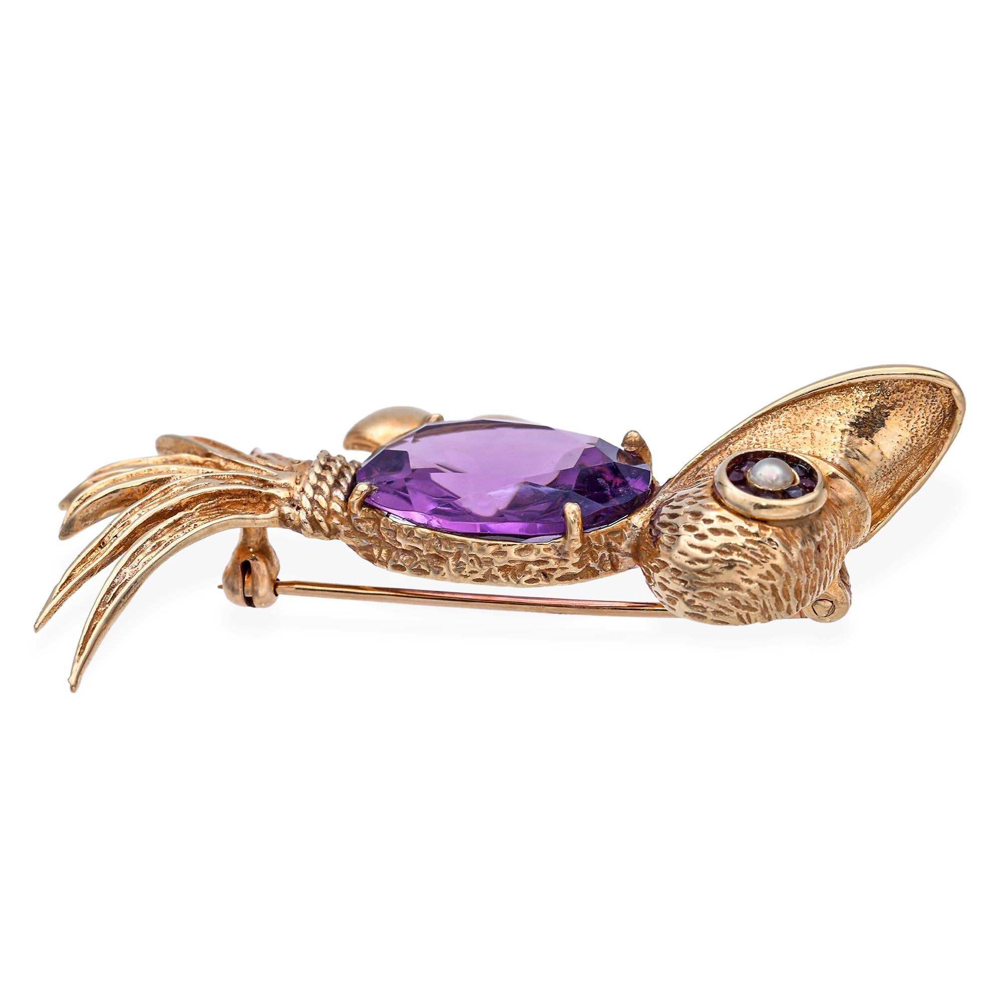 Women's Vintage 14k Yellow Gold Amethyst Pearl and Garnet Bird Brooch Pin For Sale