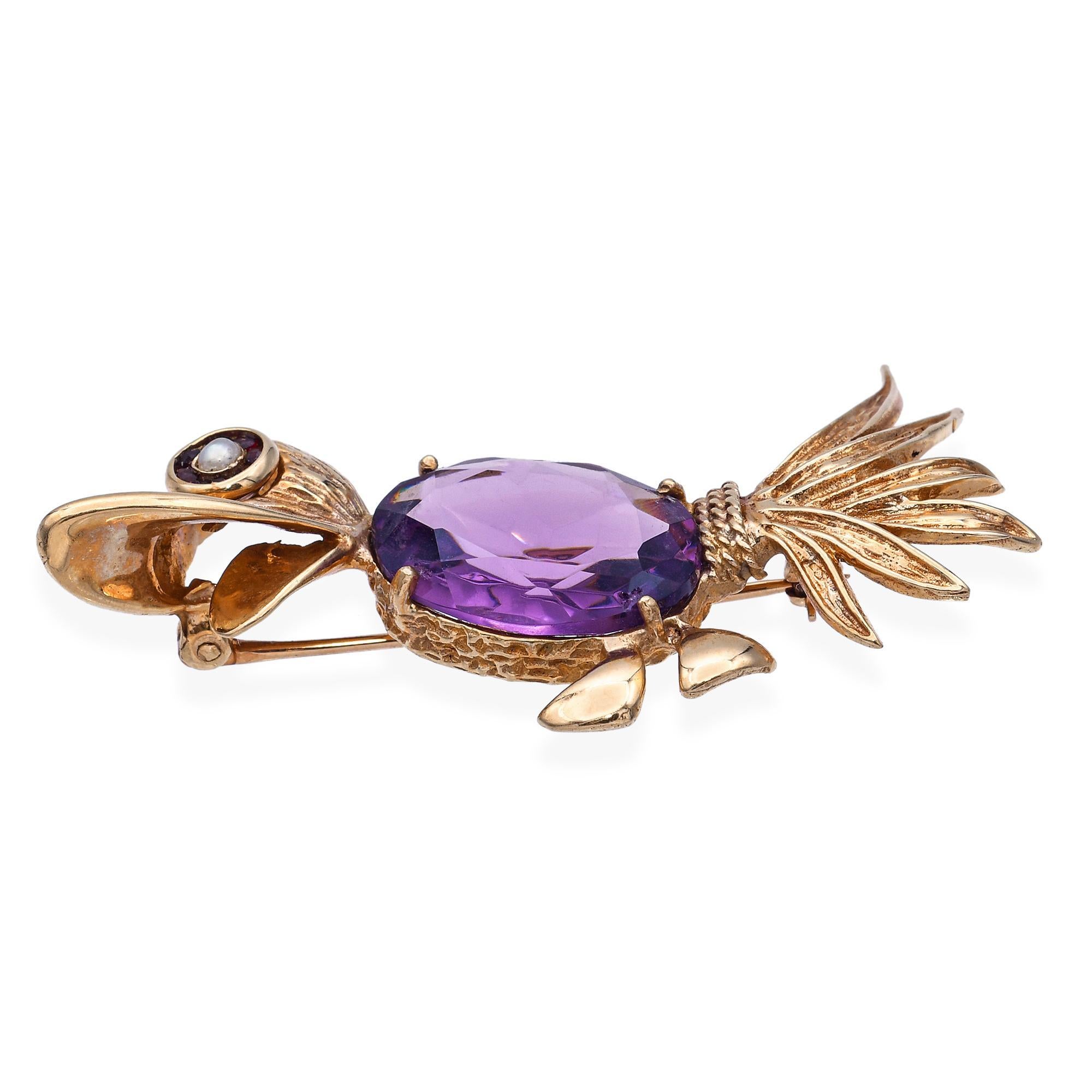 Vintage 14k Yellow Gold Amethyst Pearl and Garnet Bird Brooch Pin For Sale 1