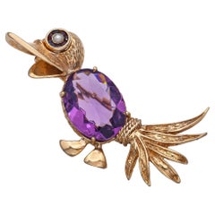 Vintage 14k Yellow Gold Amethyst Pearl and Garnet Bird Brooch Pin