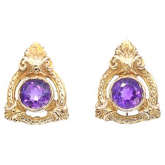 Vintage 14K Yellow Gold Amethyst Scrollwork Stud Earrings