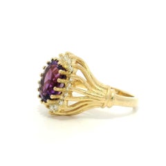 Vintage 14k Yellow Gold Amethyst w/ Diamond Halo Flared Wire Work Cocktail Ring