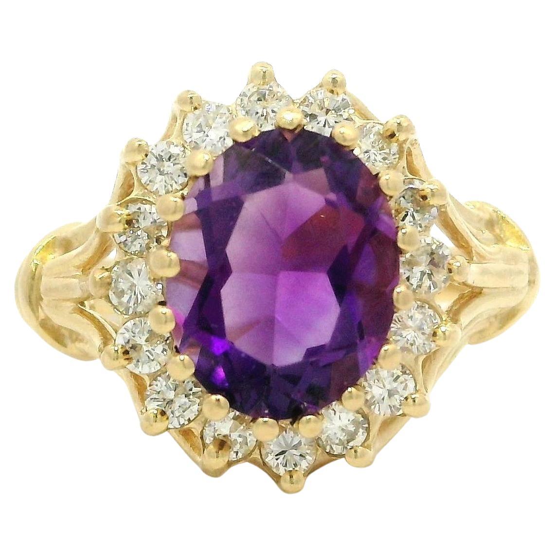 Vintage 14k Yellow Gold Amethyst w/ Diamond Halo Flared Wire Work Cocktail Ring (bague cocktail en or jaune 14k avec améthyste et diamant)