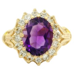 Vintage 14k Yellow Gold Amethyst w/ Diamond Halo Flared Wire Work Cocktail Ring (bague cocktail en or jaune 14k avec améthyste et diamant)