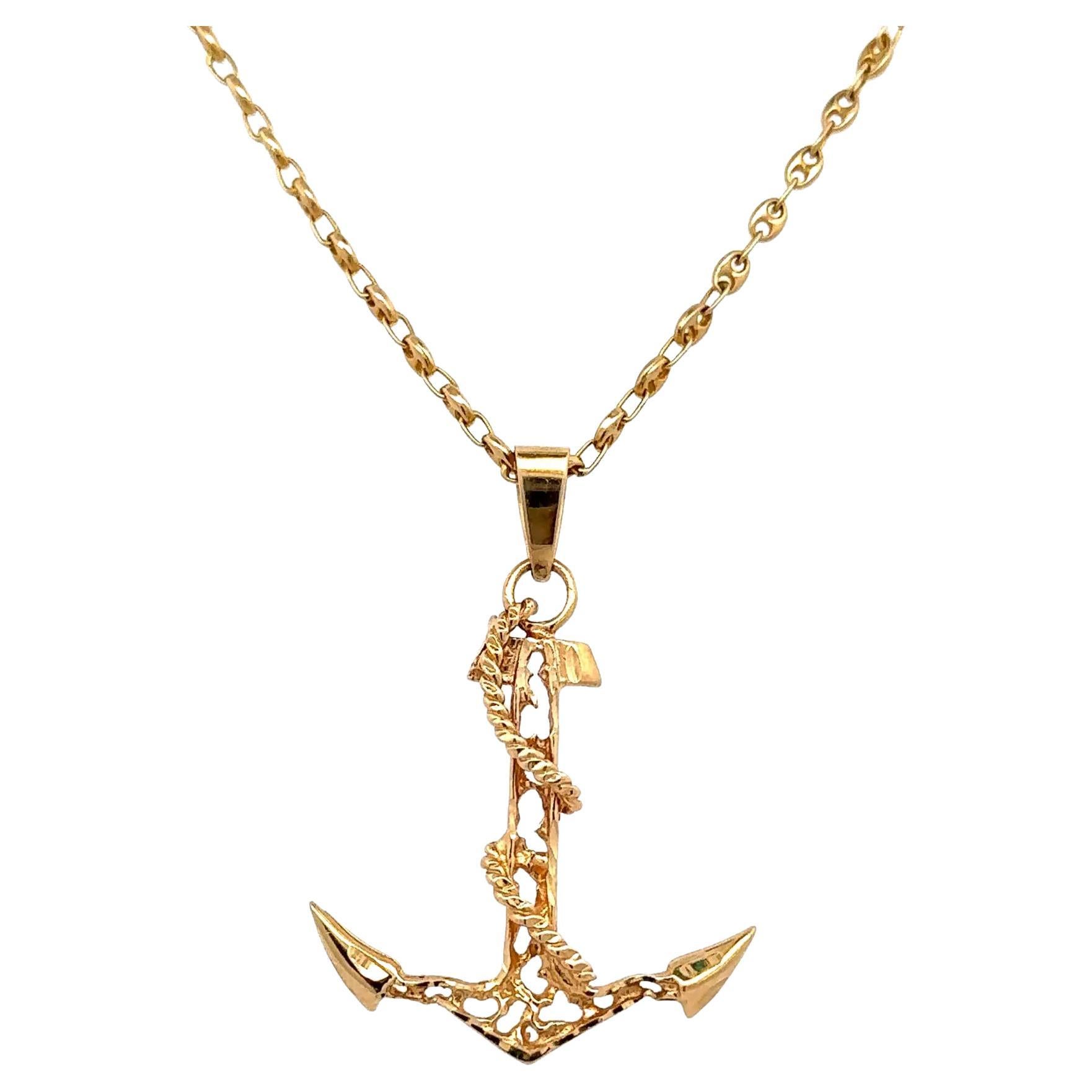 Collana con ciondolo a forma di ancora in oro giallo 14K vintage, catena aperta da 18" A Link