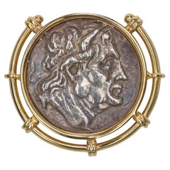 Pendentif coulissant vintage en or jaune 14 carats représentant une ancienne pièce grecque à l'effigie d'Alexandre le Grand