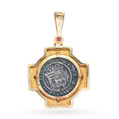 Vintage 14k Yellow Gold Ancient Coin and Ruby Pendant