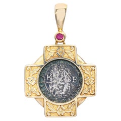 Vintage 14k Yellow Gold Ancient Coin and Ruby Pendant