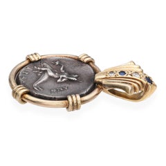 Vintage 14k Yellow Gold Ancient Greek "Taras" Artifact Coin Diamond Pendant