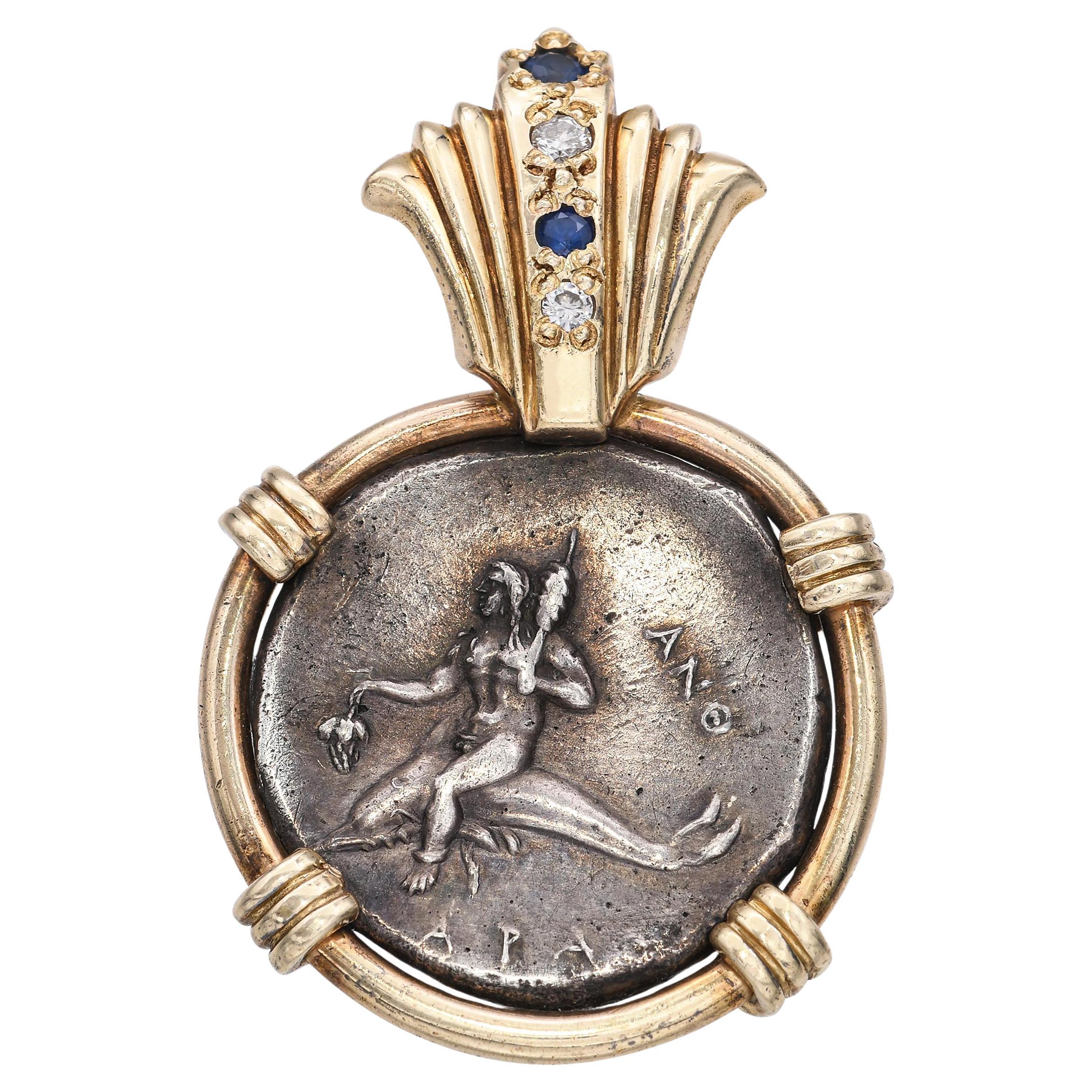 Vintage 14k Gelbgold antiken griechischen "Taras" Artefakt Münze Diamant-Anhänger