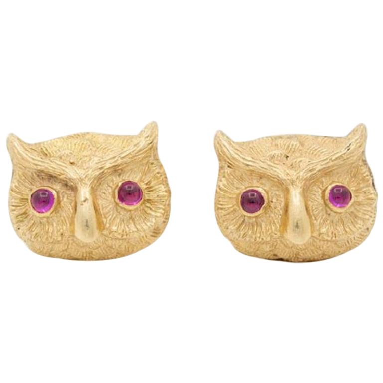 Vintage 14 Karat Yellow Gold and Cabochon Ruby Owl Cufflinks, circa 1940s