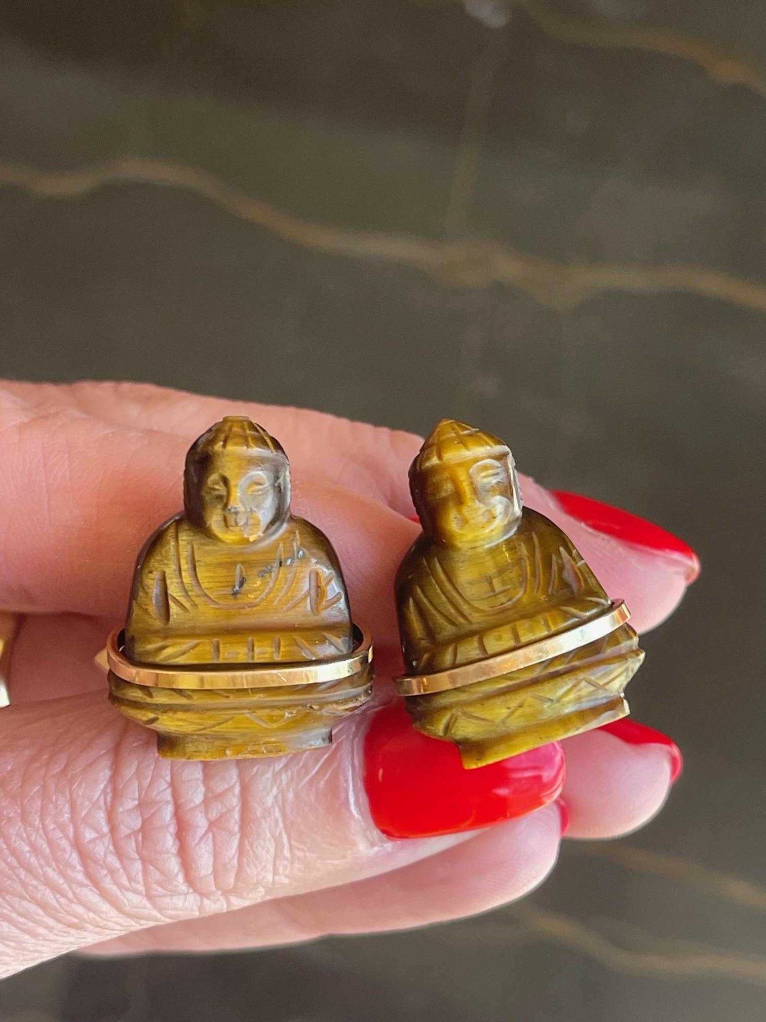 Uncut Vintage 14k Yellow Gold and Carved Tiger's Eye Large Buddha Cufflinks For Sale