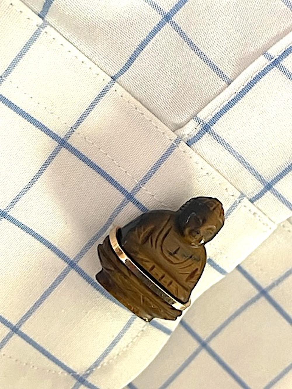 Vintage 14k Yellow Gold and Carved Tiger's Eye Large Buddha Cufflinks For Sale 2