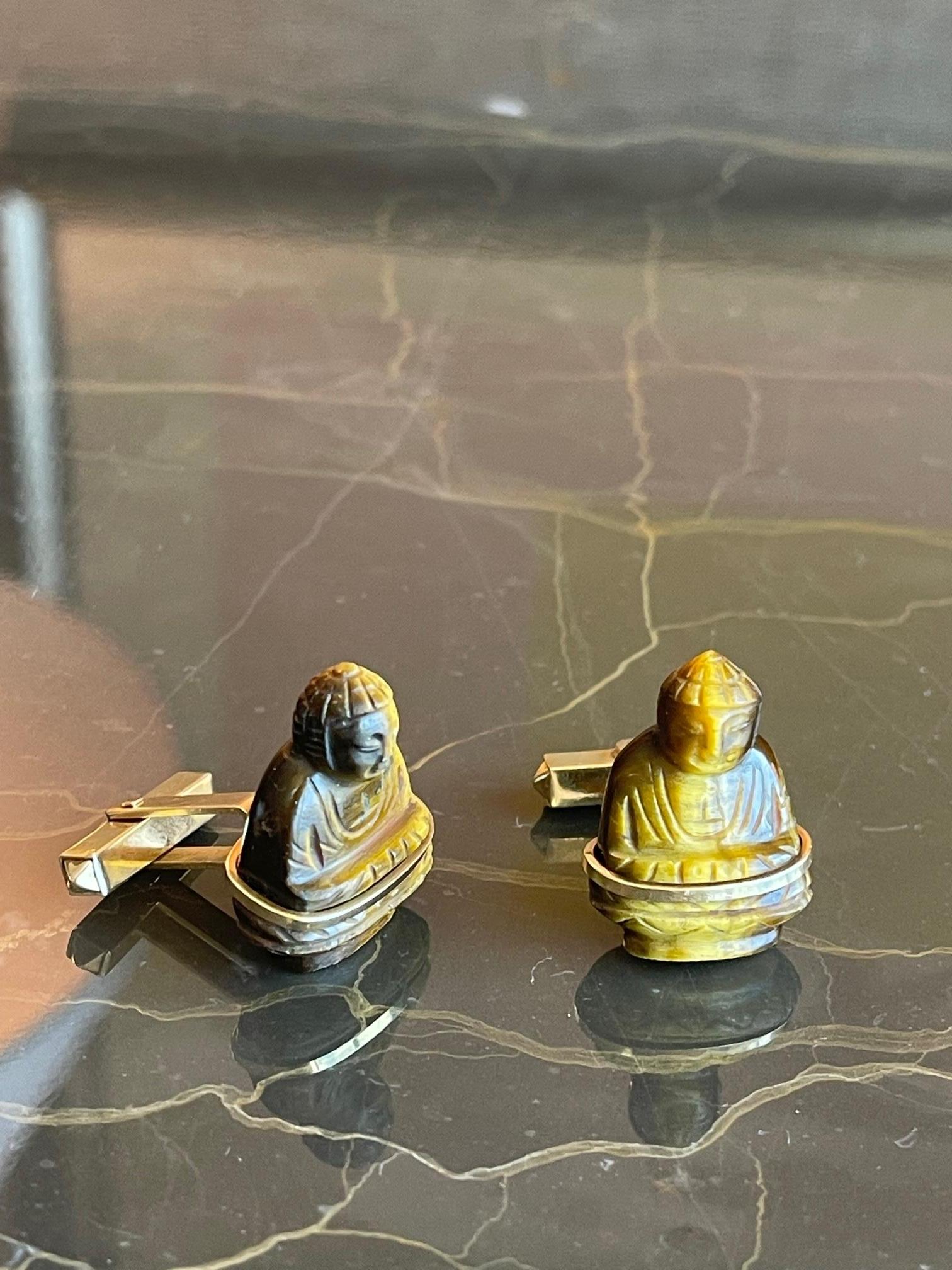 Vintage 14k Yellow Gold and Carved Tiger's Eye Large Buddha Cufflinks For Sale 4