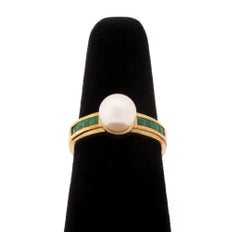 Vintage 14K Yellow Gold and Cultured Pearl Emerald Ring