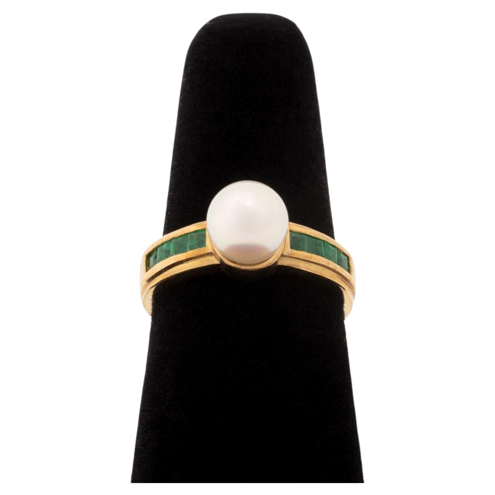 Vintage 14K Yellow Gold and Cultured Pearl Emerald Ring