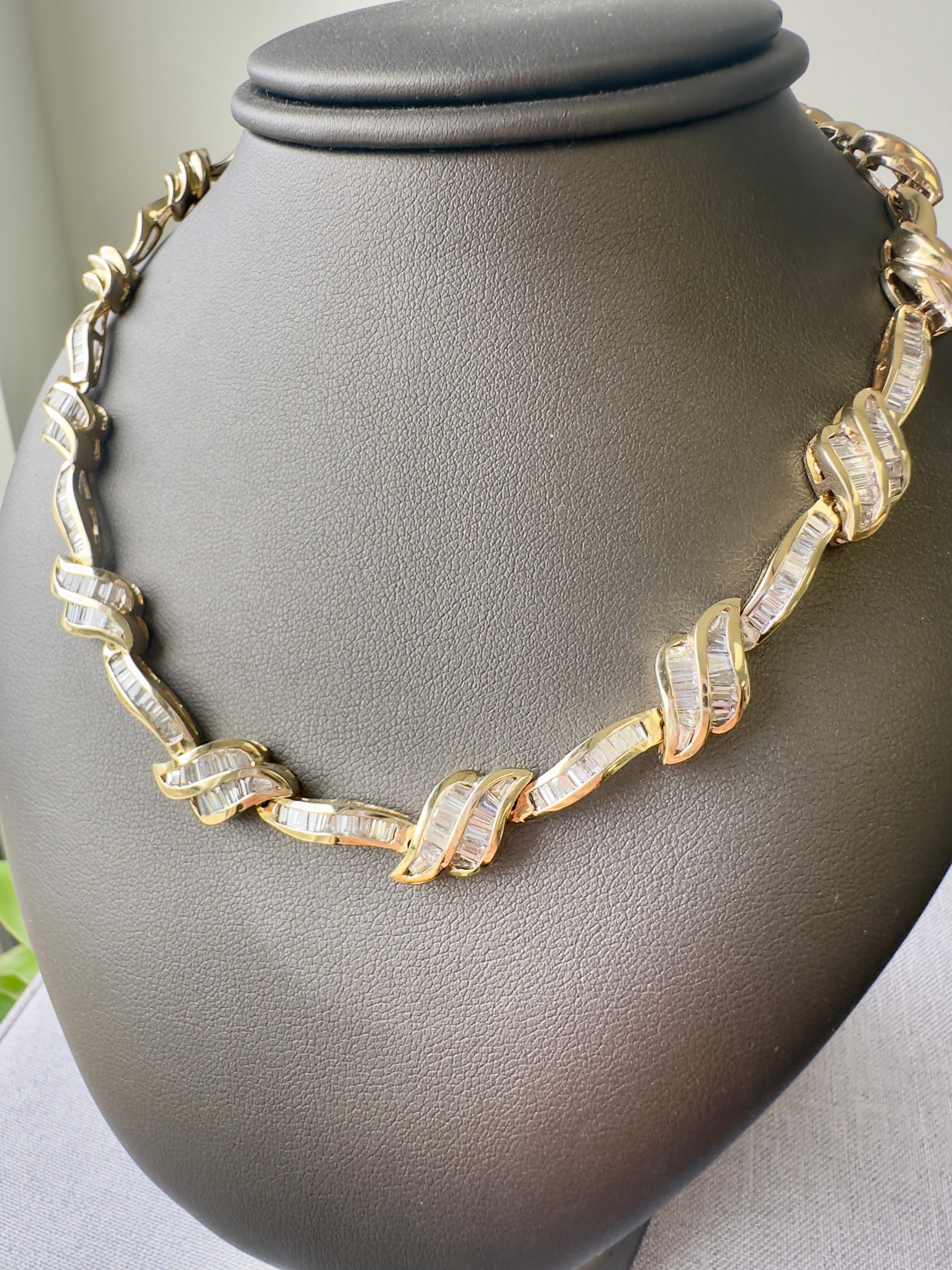 Collier vintage en or jaune 14 carats et diamants baguette Pour femmes en vente