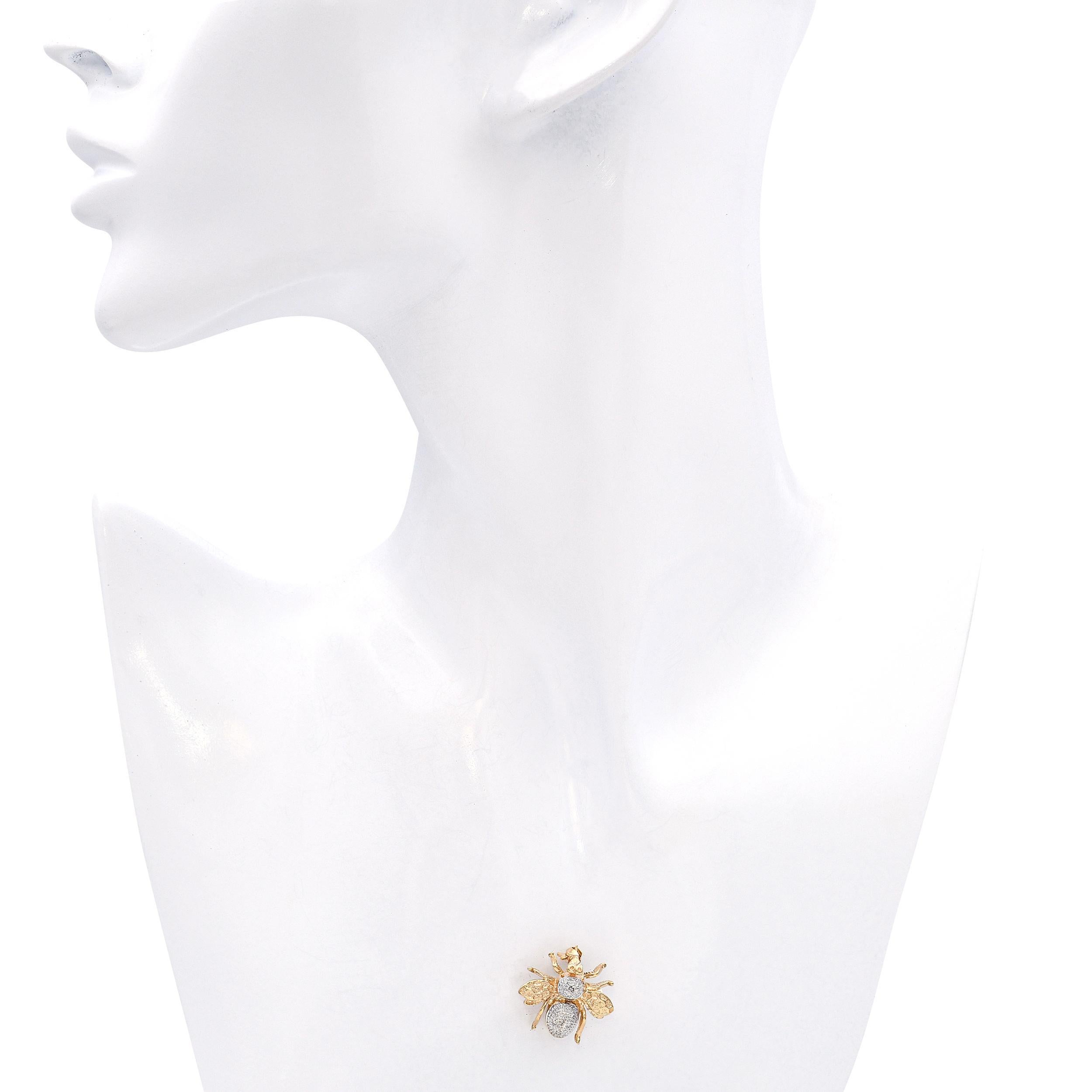 Taille ronde Broche bourdon vintage en or jaune 14k et diamants en vente