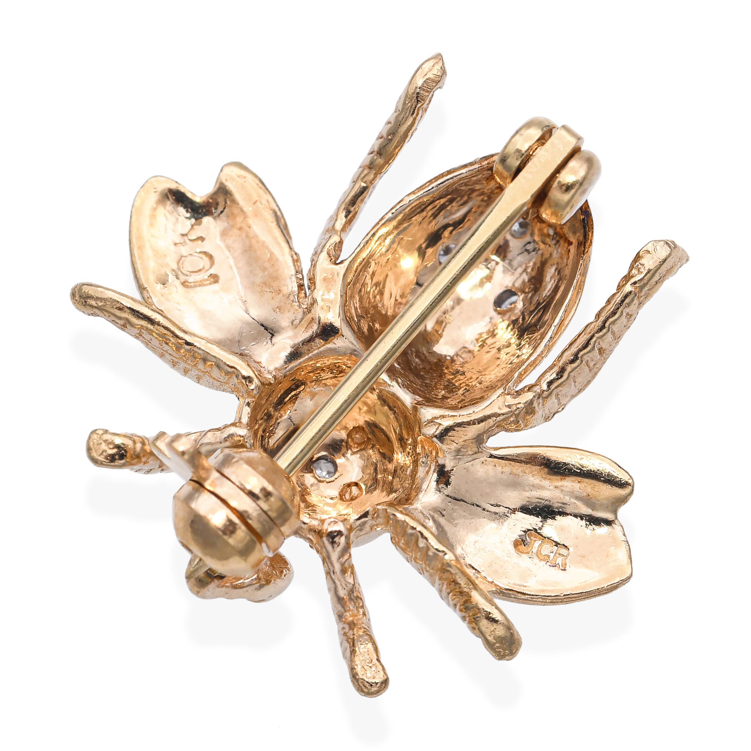 Broche bourdon vintage en or jaune 14k et diamants Pour femmes en vente